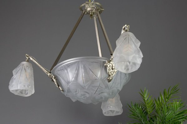 Art Deco Frosted Glass and Bronze Six-Light Chandelier from Verrerie D'Art Degué, 1920s-KEG-784714