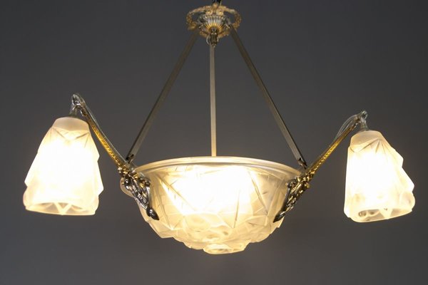 Art Deco Frosted Glass and Bronze Six-Light Chandelier from Verrerie D'Art Degué, 1920s-KEG-784714