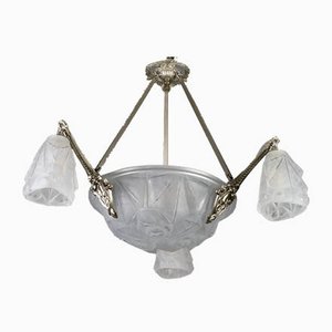 Art Deco Frosted Glass and Bronze Six-Light Chandelier from Verrerie D'Art Degué, 1920s-KEG-784714