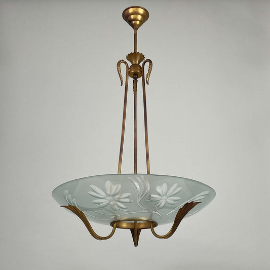 Art Deco Frosted Glass & Brass Chandelier, Sweden, 1930s