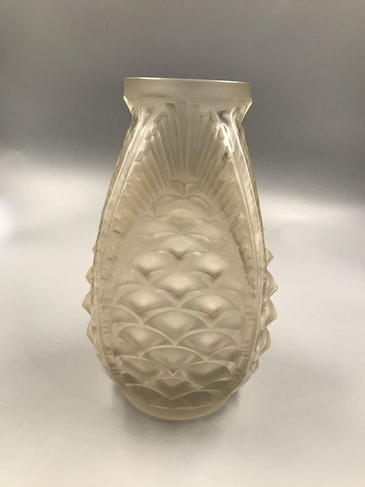 Art Deco Frosted Glass Vase with Pine Cone Motif by Etling, 1930s