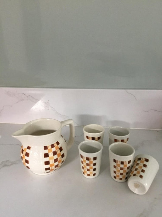 Art Deco German 5 Drink Cups and Pitcher Pottery, 1960s, Set of 6