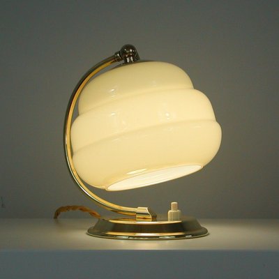 Art Deco German Bauhaus Brass and Opaline Table Lamp, 1930s-OE-1257855