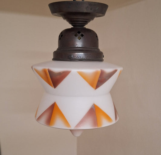 Art Deco German Ceiling Lamp with White Glass Shade with an Orange-Brown Spray Decorative Motif on an Original Brass Mount