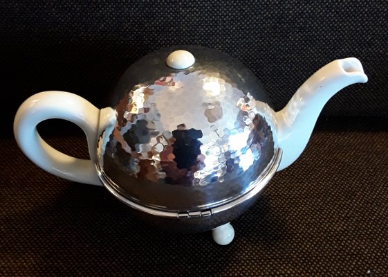 Art Deco German Cream White Porcelain Silver Plated Insulated Metal Coat with Cream White Bakelite Feet Spherical Tea Toan from WMF, 1930s-HOI-1335647