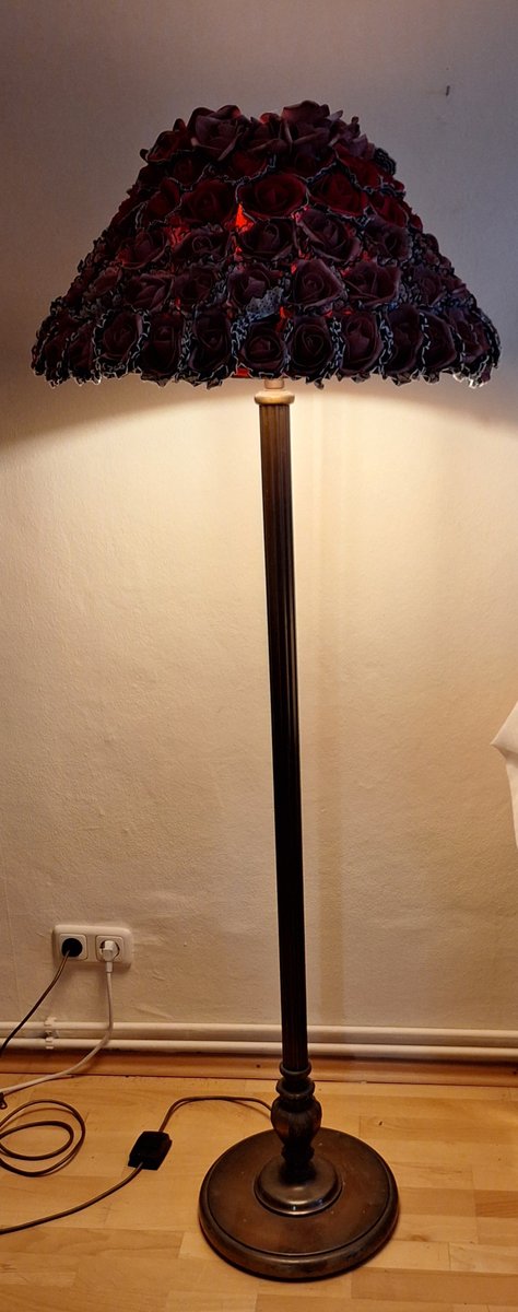 Art Deco German Floor Lamp with Patinated Brass Base and Handmade Flower Shade by Lamplove, 1930s