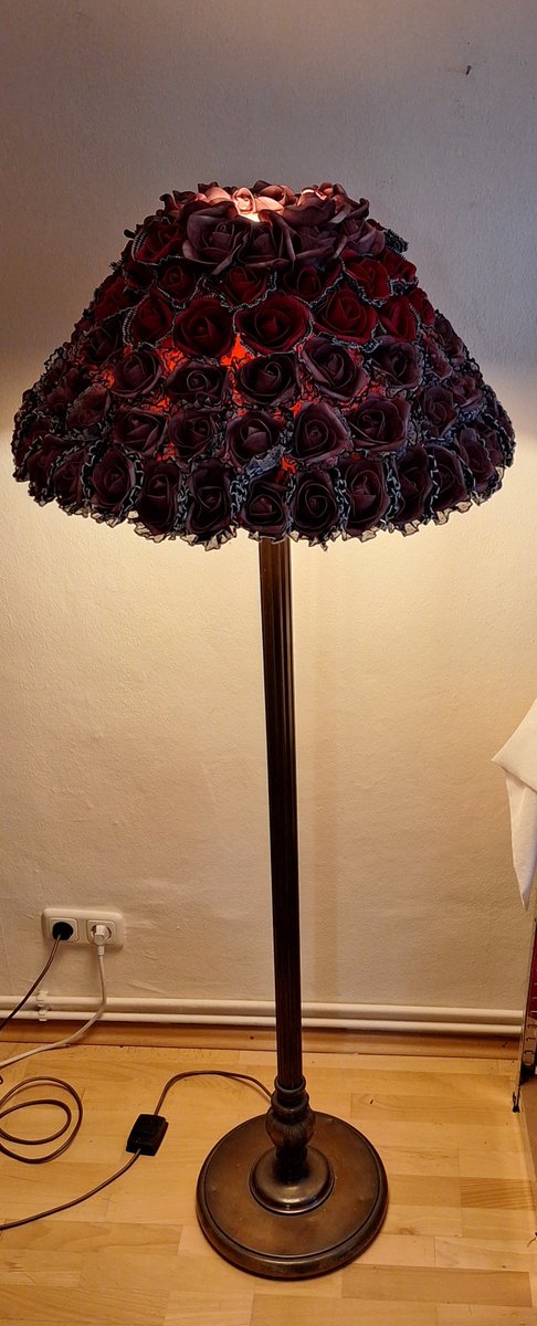 Art Deco German Floor Lamp with Patinated Brass Base and Handmade Flower Shade by Lamplove, 1930s