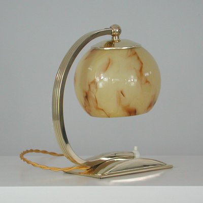 Art Deco German Marbled Opaline Glass & Brass Table Lamp, 1930s-OE-911109