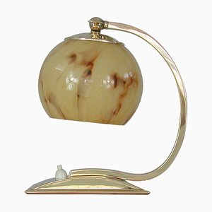 Art Deco German Marbled Opaline Glass & Brass Table Lamp, 1930s-OE-911109