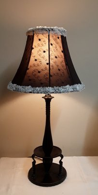 Art Deco German Table Lamp with Foot in Dark, Patinated Bronze and Black Fabric Screen with White Border-HOI-1736351