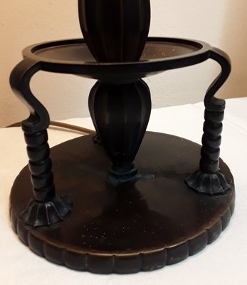 Art Deco German Table Lamp with Foot in Dark, Patinated Bronze and Black Fabric Screen with White Border-HOI-1736351