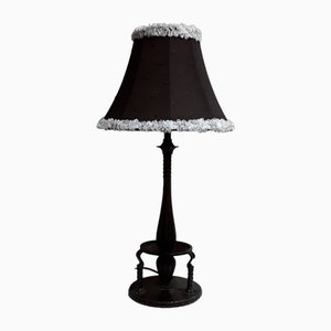 Art Deco German Table Lamp with Foot in Dark, Patinated Bronze and Black Fabric Screen with White Border-HOI-1736351