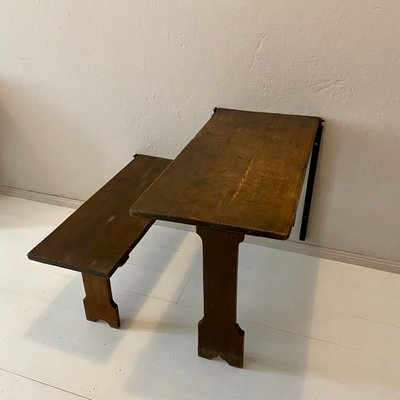 Art Deco German Wabi Sabi Brown Oak Prison Cell Table and Bench, 1930s, Set of 3-FB-1073133