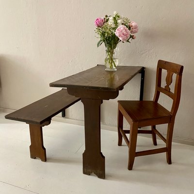 Art Deco German Wabi Sabi Brown Oak Prison Cell Table and Bench, 1930s, Set of 3-FB-1073133