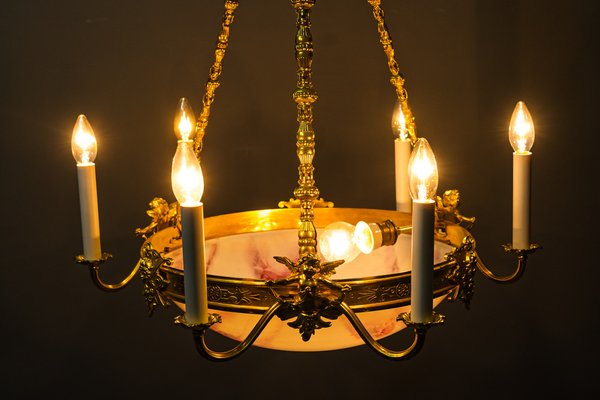 Art Deco Gilded Chandelier with Original Glass Shade, 1920s-SPD-1150953