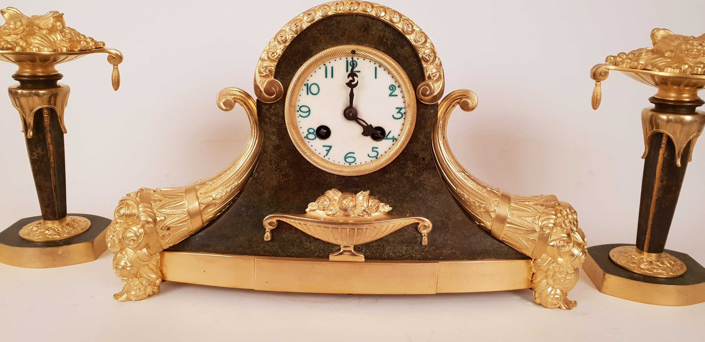 Art Deco Gilt Bronze Mantle Clock Set, 1920s, Set of 3