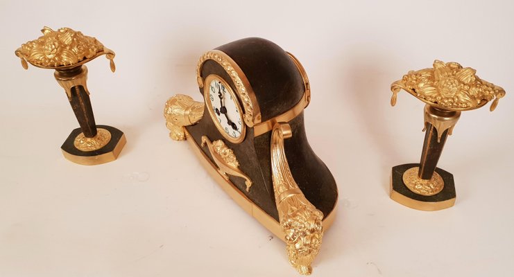 Art Deco Gilt Bronze Mantle Clock Set, 1920s, Set of 3-AWH-579182