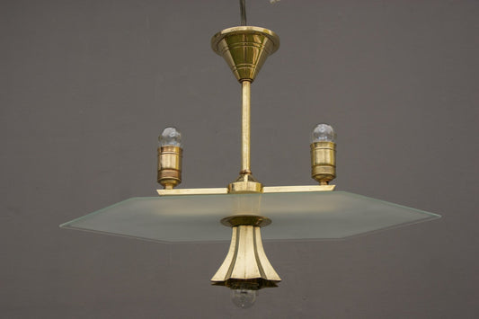 Art Deco Glass and Brass Hanging Lamp, 1920s