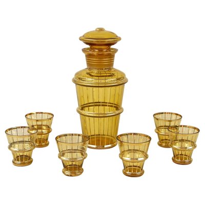 Art Deco Glass Decanter Set in Amber Colored Gilt, 1920, Set of 7-TQA-1327460