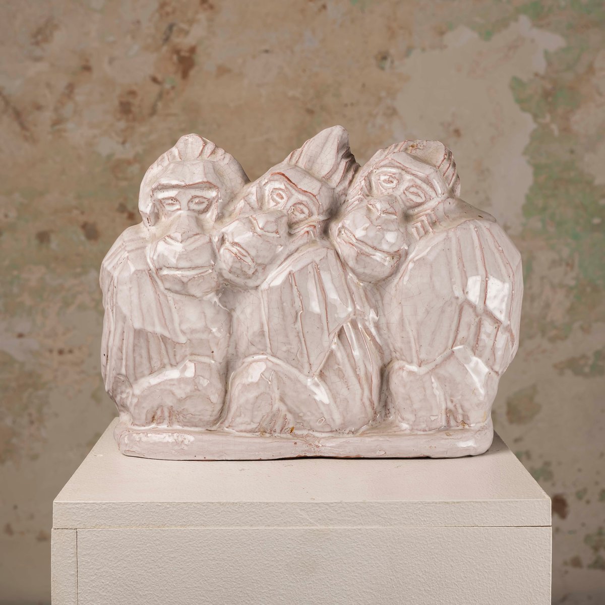 Art Deco Glazed Craquelé Ceramic Sculpture with Three Gorillas, 1940s