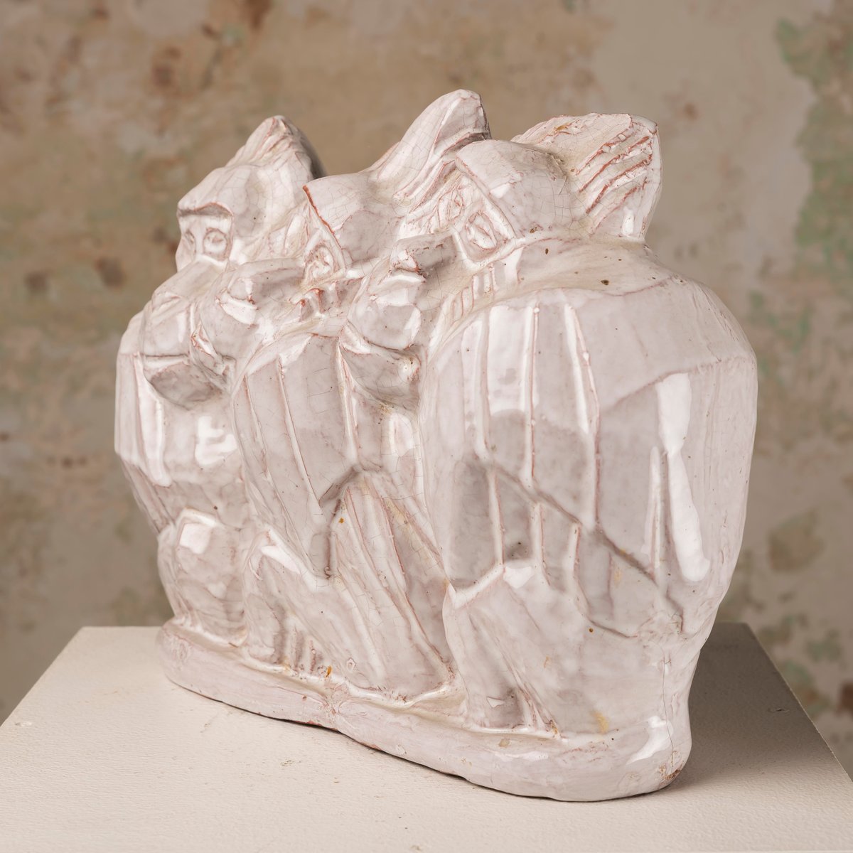 Art Deco Glazed Craquelé Ceramic Sculpture with Three Gorillas, 1940s