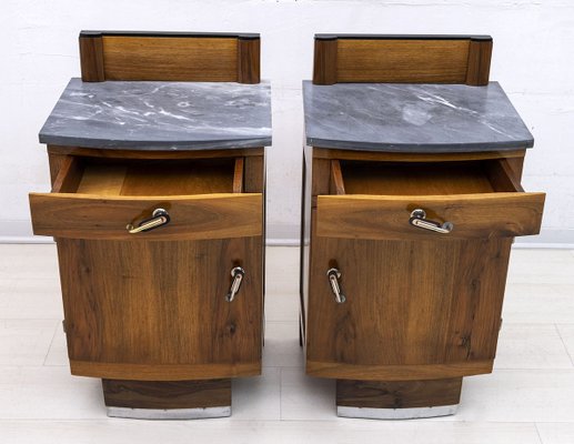 Art Deco Gray Marble Graphite and Walnut Nightstands, 1920s, Set of 2-FER-903681