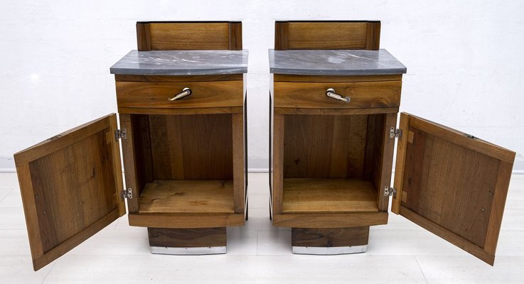 Art Deco Gray Marble Graphite and Walnut Nightstands, 1920s, Set of 2-FER-903681