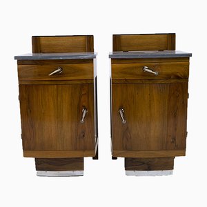 Art Deco Gray Marble Graphite and Walnut Nightstands, 1920s, Set of 2-FER-903681