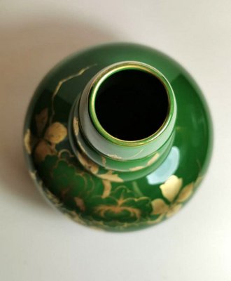 Art Deco Green Enameled Terracotta Vase with Pure Gold Decorations from Sainte-Radegonde,-QRS-767649