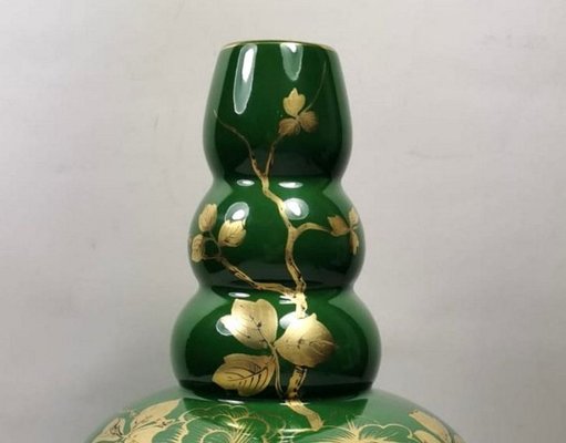 Art Deco Green Enameled Terracotta Vase with Pure Gold Decorations from Sainte-Radegonde,-QRS-767649