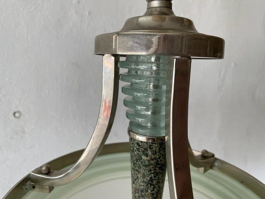 Art Deco Green Glass and Marble & Chrome Ceiling Lamp, Italy, 1940s-RDS-1422114