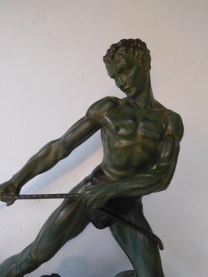 Art Deco Green Patinated Metal and Marble Sculpture of Man Pulling Stone from Ucra, France-AWL-1139129