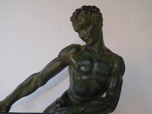 Art Deco Green Patinated Metal and Marble Sculpture of Man Pulling Stone from Ucra, France-AWL-1139129