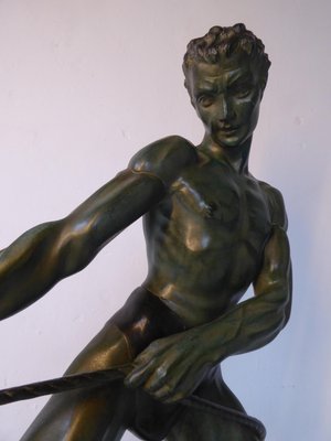 Art Deco Green Patinated Metal and Marble Sculpture of Man Pulling Stone from Ucra, France-AWL-1139129