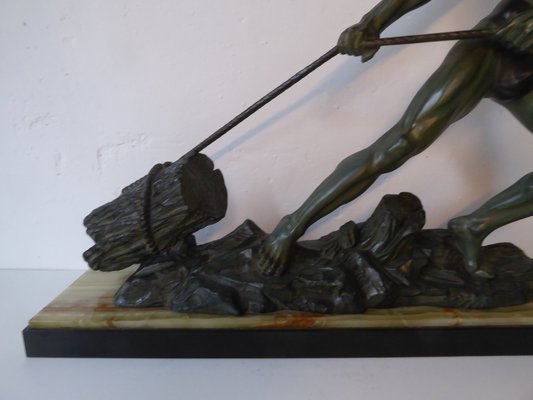 Art Deco Green Patinated Metal and Marble Sculpture of Man Pulling Stone from Ucra, France-AWL-1139129