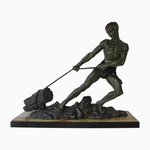 Art Deco Green Patinated Metal and Marble Sculpture of Man Pulling Stone from Ucra, France-AWL-1139129