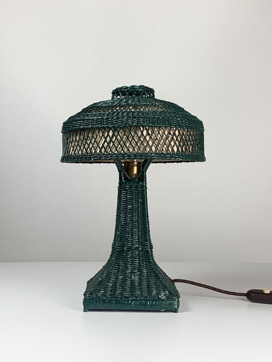 Art Deco Green Rattan Wicker Mushroom Eiffel Table Lamp, 1950s