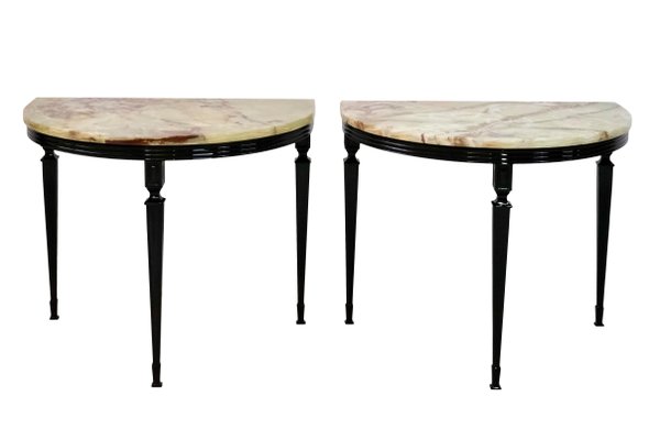 Art Deco Half-Moon Marble Nightstands on Black Metal Base, 1930s, Set of 2-CXC-1368780