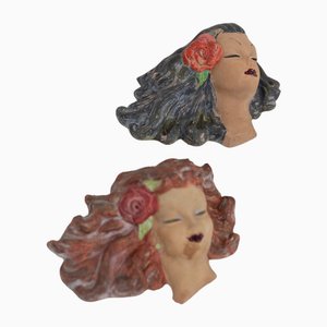 Art Deco Hand-Painted Female Ceramic Wall Figurines, 1960s, Set of 2-FOH-1759436