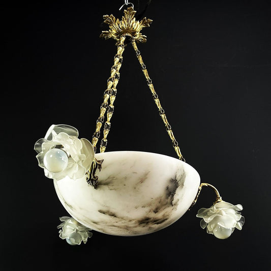 Art Deco Hanging Lamp in Bronze & Alabaster, 1920s