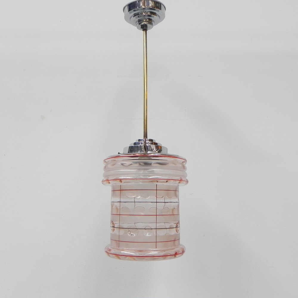 Art Deco Hanging Lamp with Pink Glass Shade