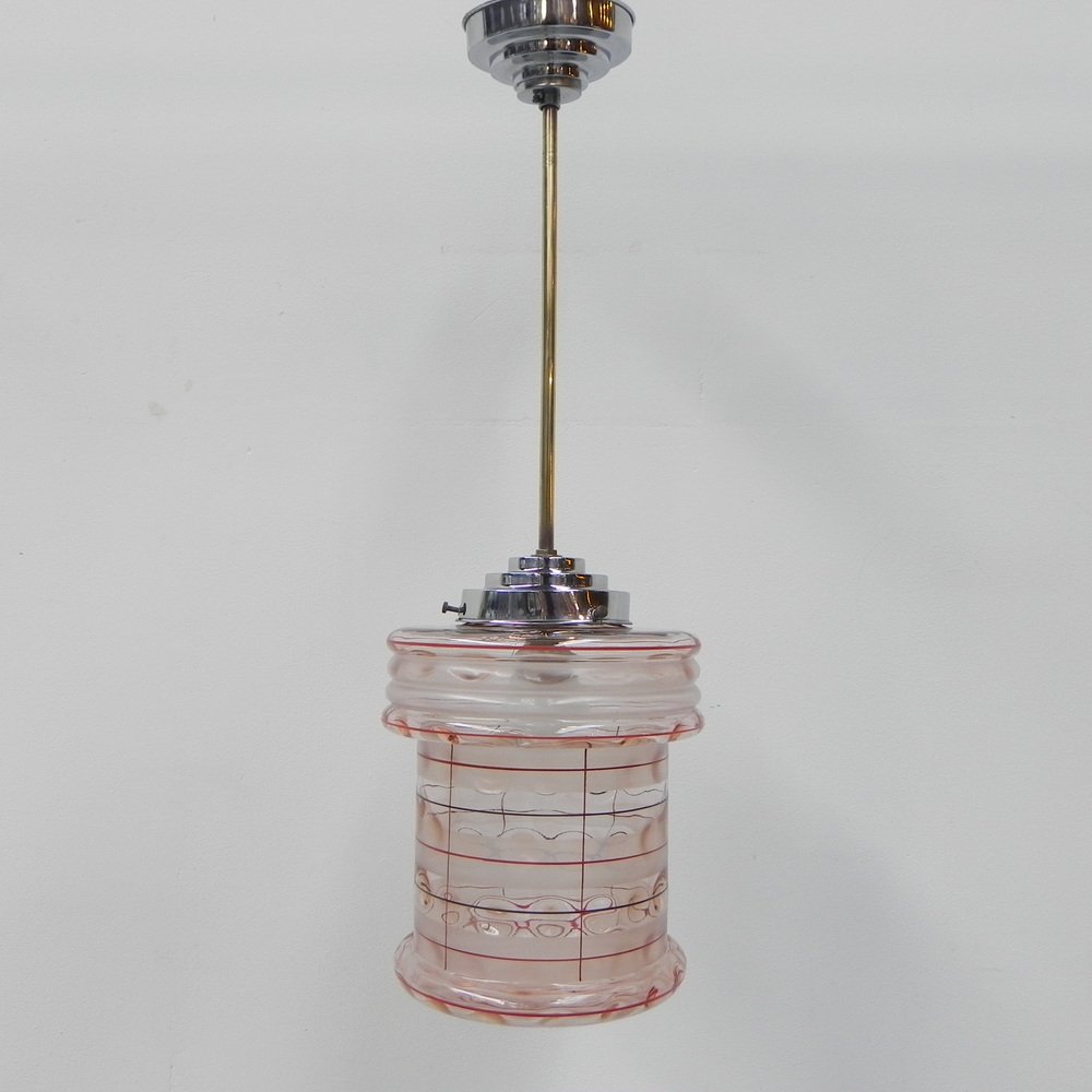 Art Deco Hanging Lamp with Pink Glass Shade