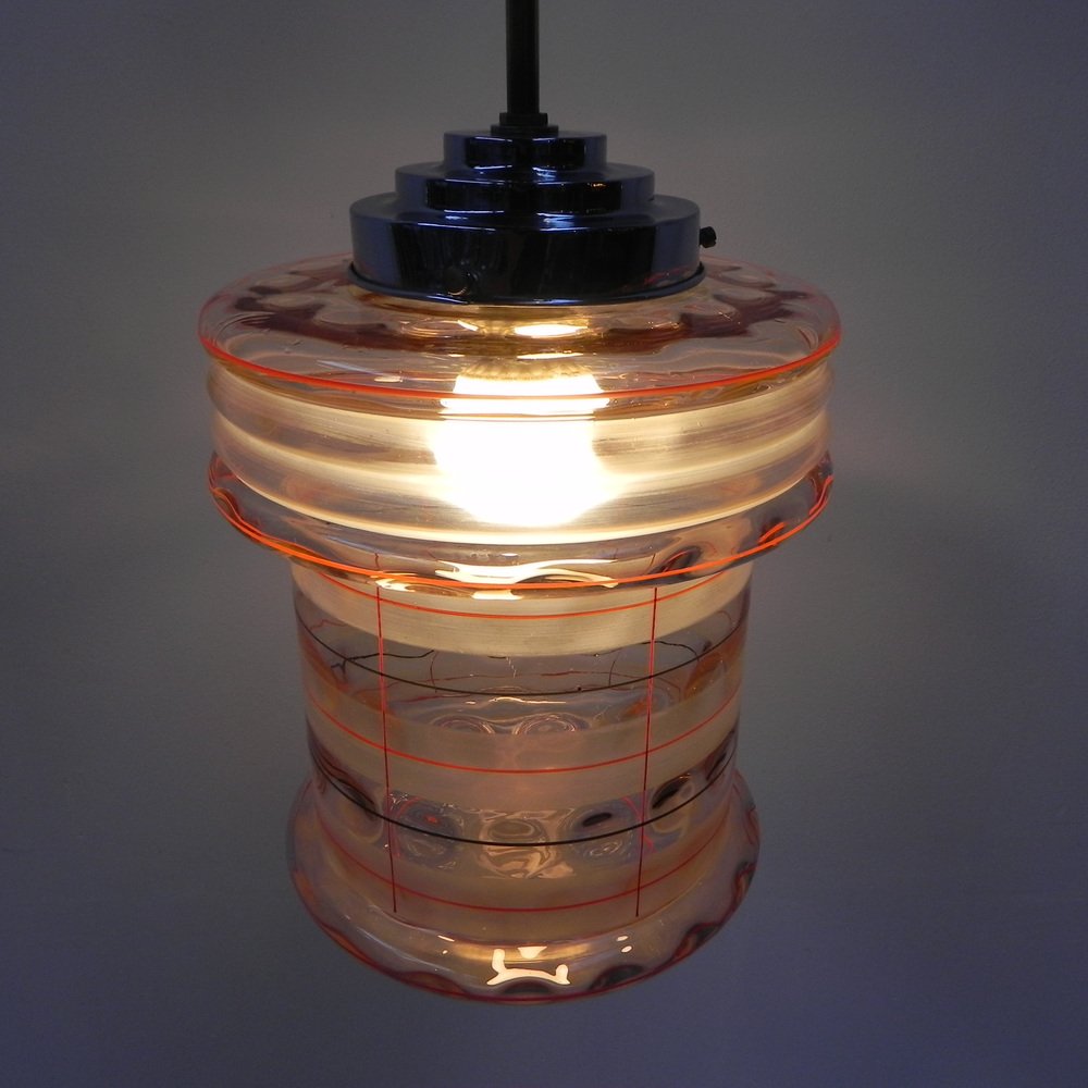 Art Deco Hanging Lamp with Pink Glass Shade