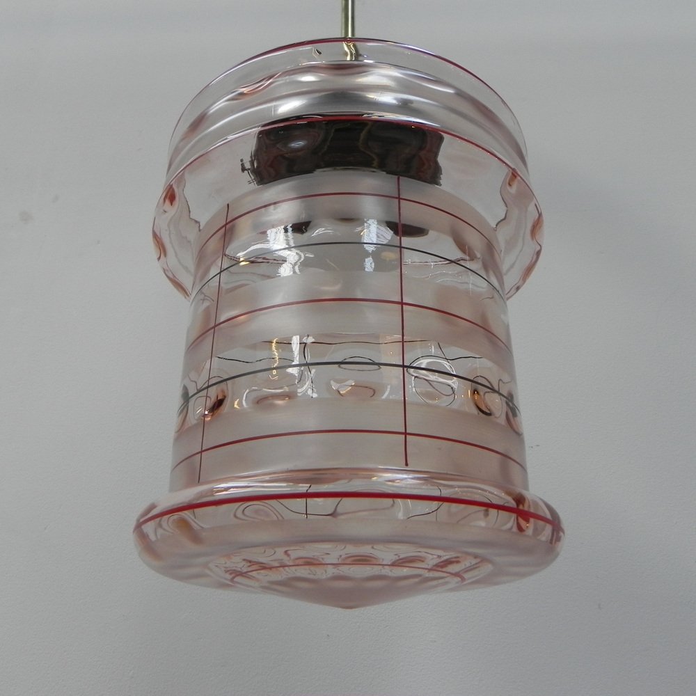 Art Deco Hanging Lamp with Pink Glass Shade