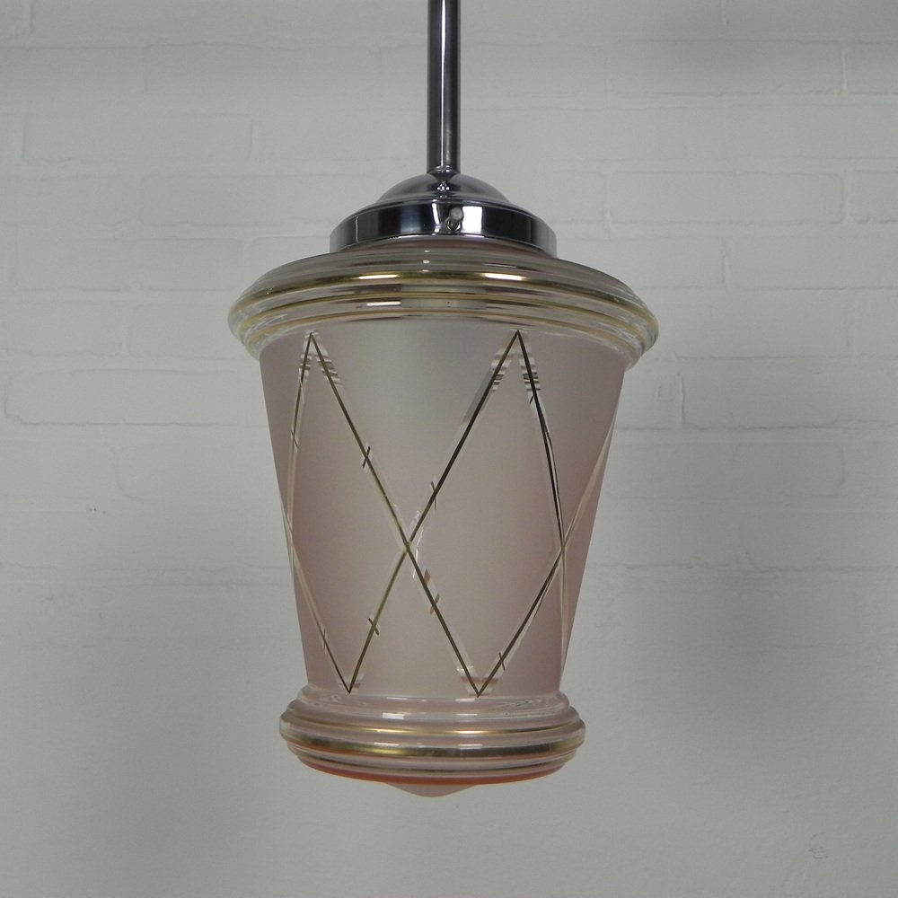 Art Deco Hanging Lamp with Pink Glass Shade, 1930s