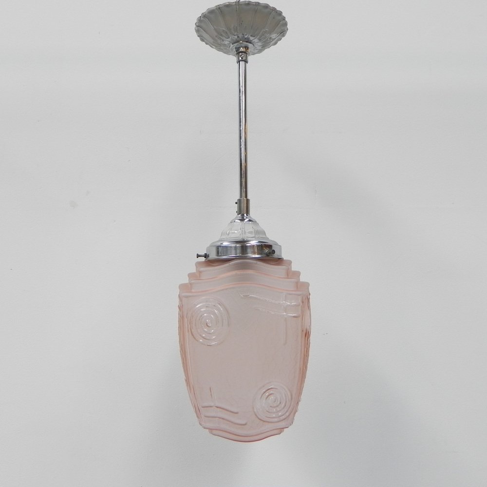 Art Deco Hanging Lamp with Pink Glass Shade, 1930s