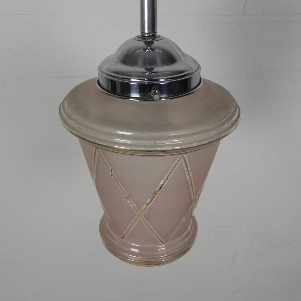 Art Deco Hanging Lamp with Pink Glass Shade, 1930s