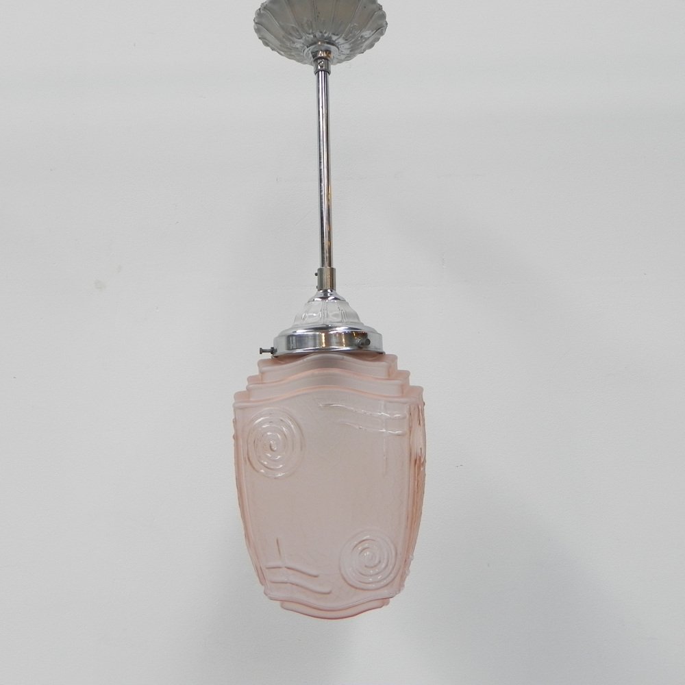 Art Deco Hanging Lamp with Pink Glass Shade, 1930s