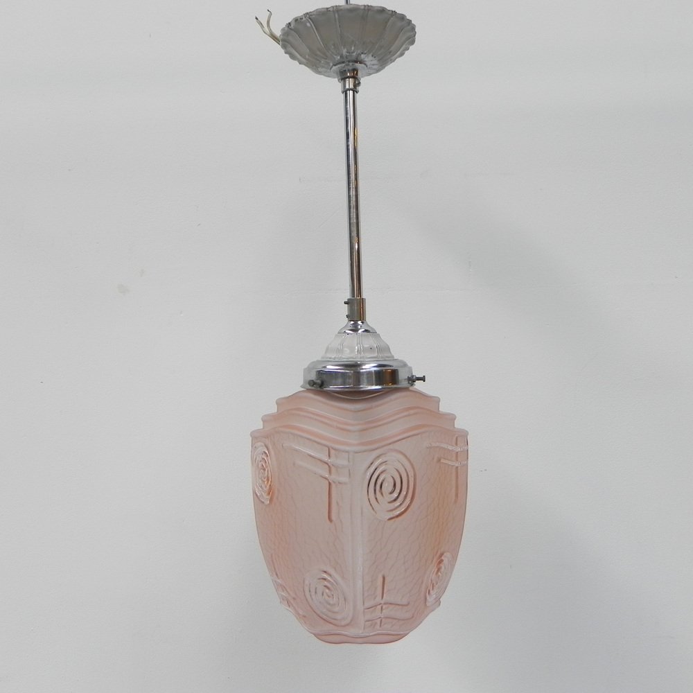 Art Deco Hanging Lamp with Pink Glass Shade, 1930s