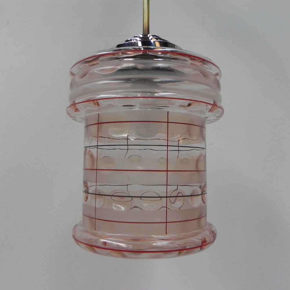 Art Deco Hanging Lamp with Pink Glass Shade